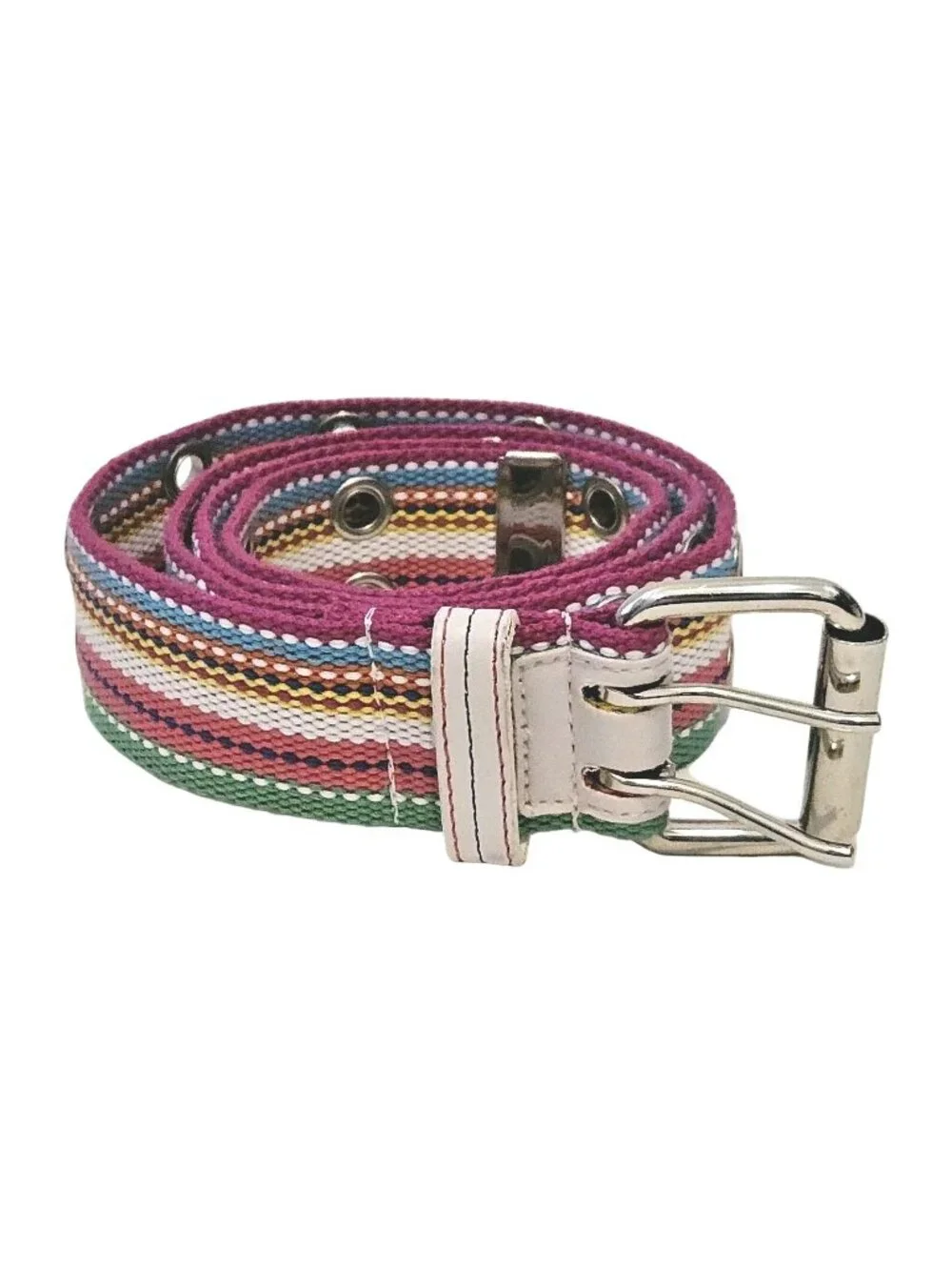 Aeropostale Y2K Pink White Green Rainbow Canvas Belt Silver Buckle Womens Large
